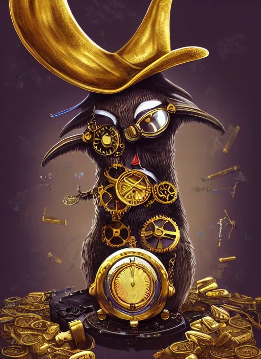 Image similar to athropomorphized rich penguin capitalist sitting on pile of gold, wearing steampunk top hat, steampunk goggles, casting spell, concept art, insanely detailed and intricate, hypermaximalist, elegant, ornate, hyper realistic, super detailed, art deco, cinematic, trending on artstation, magic the gathering artwork