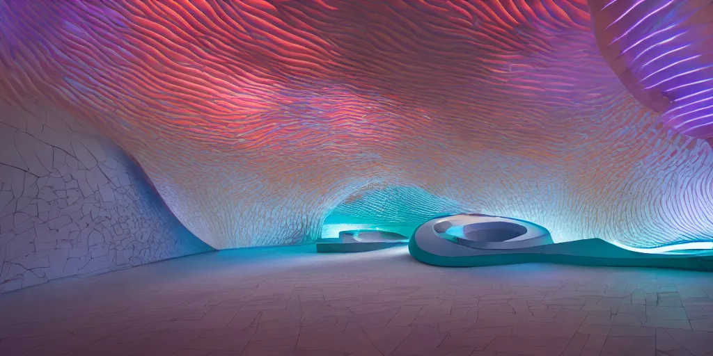 Image similar to extremely detailed awe stunning beautiful futuristic smooth curvilinear museum interior, translucent gills, hyper real, 8k, colorful, 3D cinematic volumetric light, atmospheric light