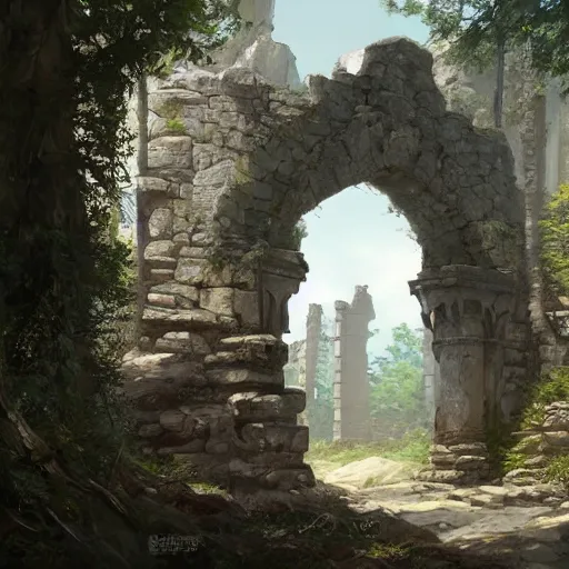 Image similar to concept art painting of an ornate ancient stone archway, in the woods, realistic, detailed, cel shaded, in the style of makoto shinkai and greg rutkowski and james gurney