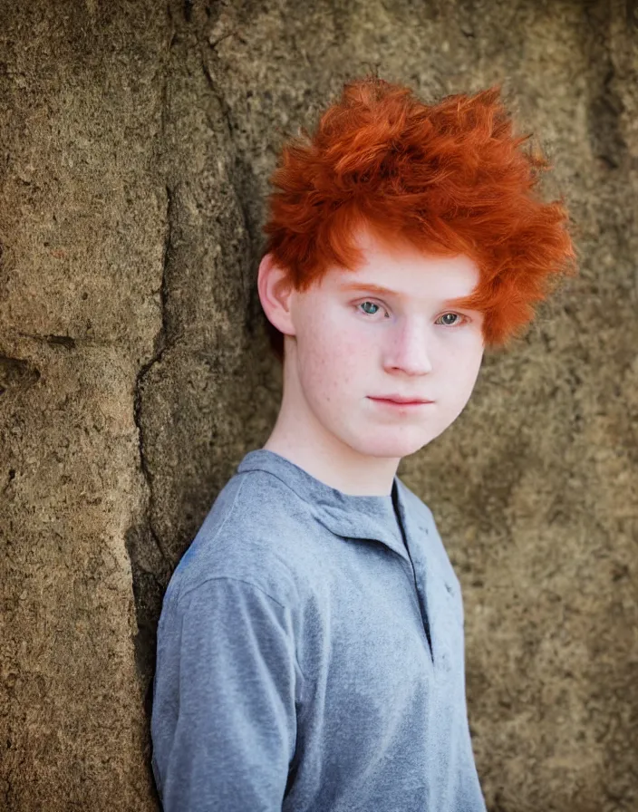 Prompt: portrait of a15 year old red-haired boy, f2.8 50mm lens, canon