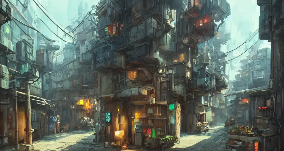 Horizontal view, cyberpunk, animation concept art, studio ghibli style,  clear reflection, full page scan of 3000s detailed concept art, cyberpunk,  mathematics and geometry, architecture, sewage system, urban section, floor  plan, architectural section