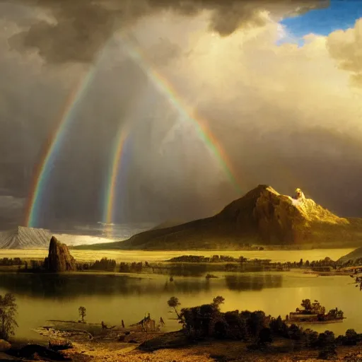 Prompt: a detailed matte painting of noah's ark during the flood, subsiding floodwaters, ultrawide lens, aerial photography, double rainbow in a clear blue sky, mount ararat very far away in the background, art by albert bierstadt and rembrant, heavenly, god rays, intricate details, 8 k, cel shaded, featured on artstation, pixiv
