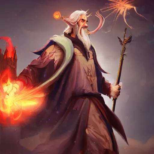 Prompt: a wizard that looks like an average person destroying a city with magic while laughing and flying, high quality digital art trending on artstation