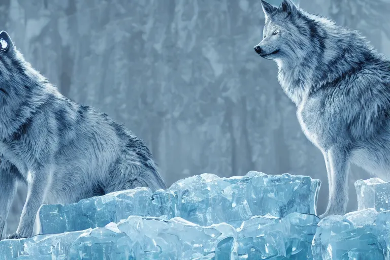 Image similar to crystal wolves breathing ice, 8 k, reflective