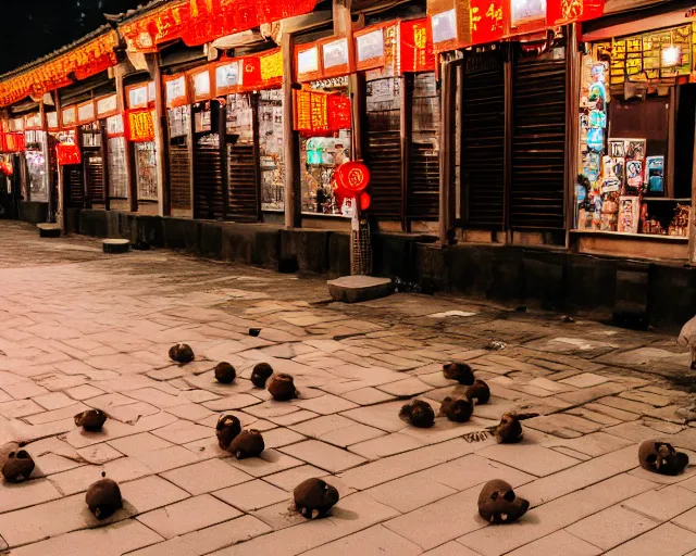 Image similar to poop emoji in the streets of beijing at twilight dslr photo