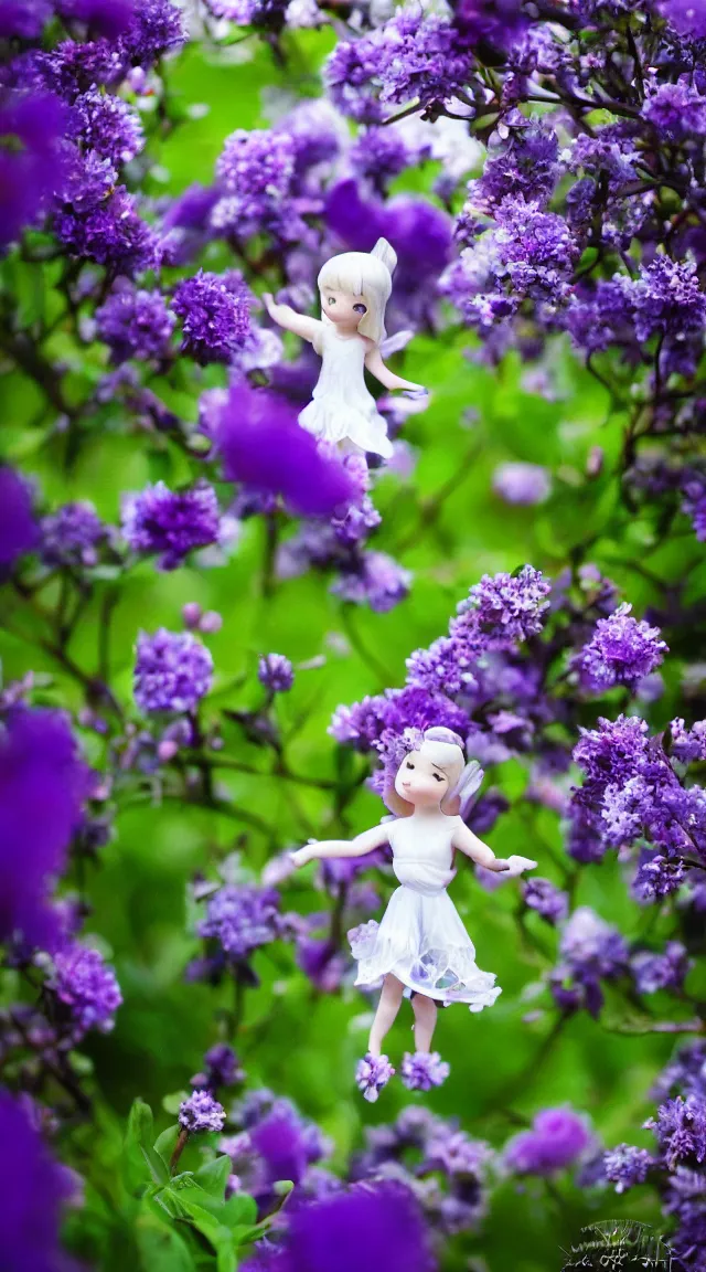 Image similar to tiny angel in a garden, hyper detailed, sharp focus, bokeh, unreal engine, ray tracing, cute, fantasy, sci fi, purple flowers, blue flowers, violet flowers, glowing flowers, tiny, small, hyper realistic, sky, spinning rings with eyes