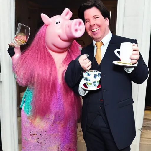 Prompt: jodie marsh & Michael mcintyre & pepper pig having tea at the ritz