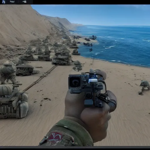 Image similar to go - pro footage of d - day, unreal engine 5 highly rendered, radiant light, detailed and intricate environment, wide angle, cinematic lighting