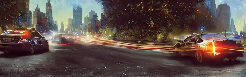 Image similar to a police car speeding down a new york road with sirens on. epic cinematic hyperrealism masterpiece. realistic poster with shaded lighting by craig mallismo, artgerm, jeremy lipkin and michael garmash, unreal engine, radiant light, detailed and complex environment, digital art, art station trends, detailed faces, detailed eyes, lens flare, motion blur, night