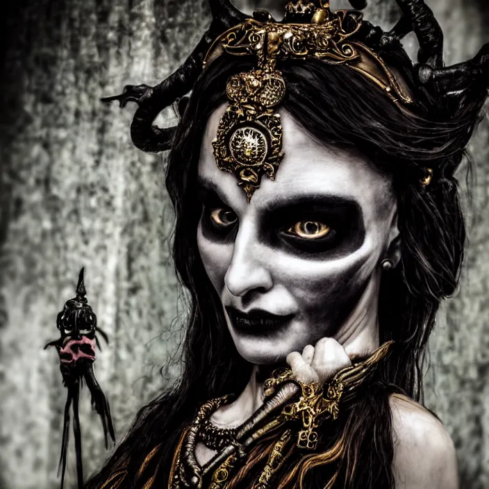 Prompt: candid photography, close up portrait, goddess of death, by anne stokes, updo, highly detailed, uhd