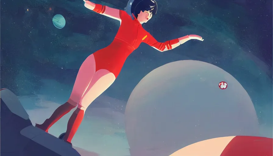 Image similar to a portrait of a female astronaut floating weightless in a scenic environment by atey ghailan in the style of yoko tsuno