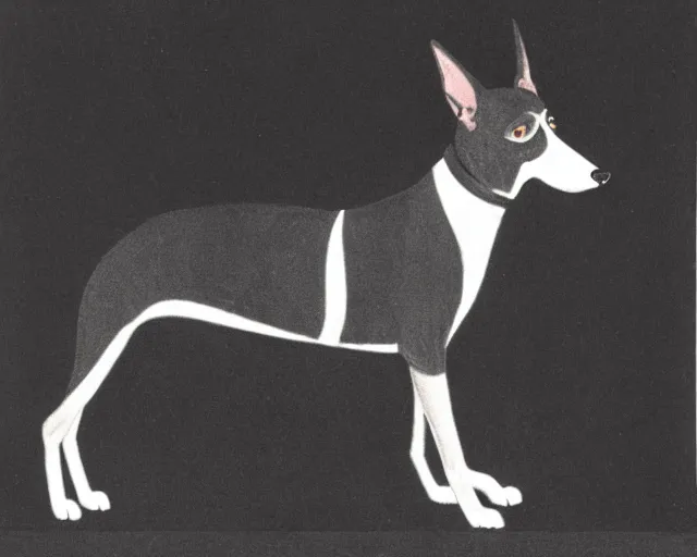 Image similar to greyhound wearing a black cloak and a top hat under a spotlight, magician dog