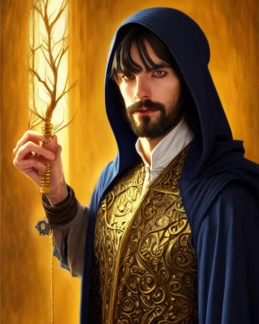 Prompt: handsome young male wizard in a tavern, long black hair blue eyes wearing cloth mantle gothic navy cloak with gold details, tree town, fantasy character portrait, ultra realistic, intricate, elegant, cinematic lighting, highly detailed, digital painting, artstation, smooth, sharp, focus, illustration, art by artgerm and greg rutkowski and alphonse mucha