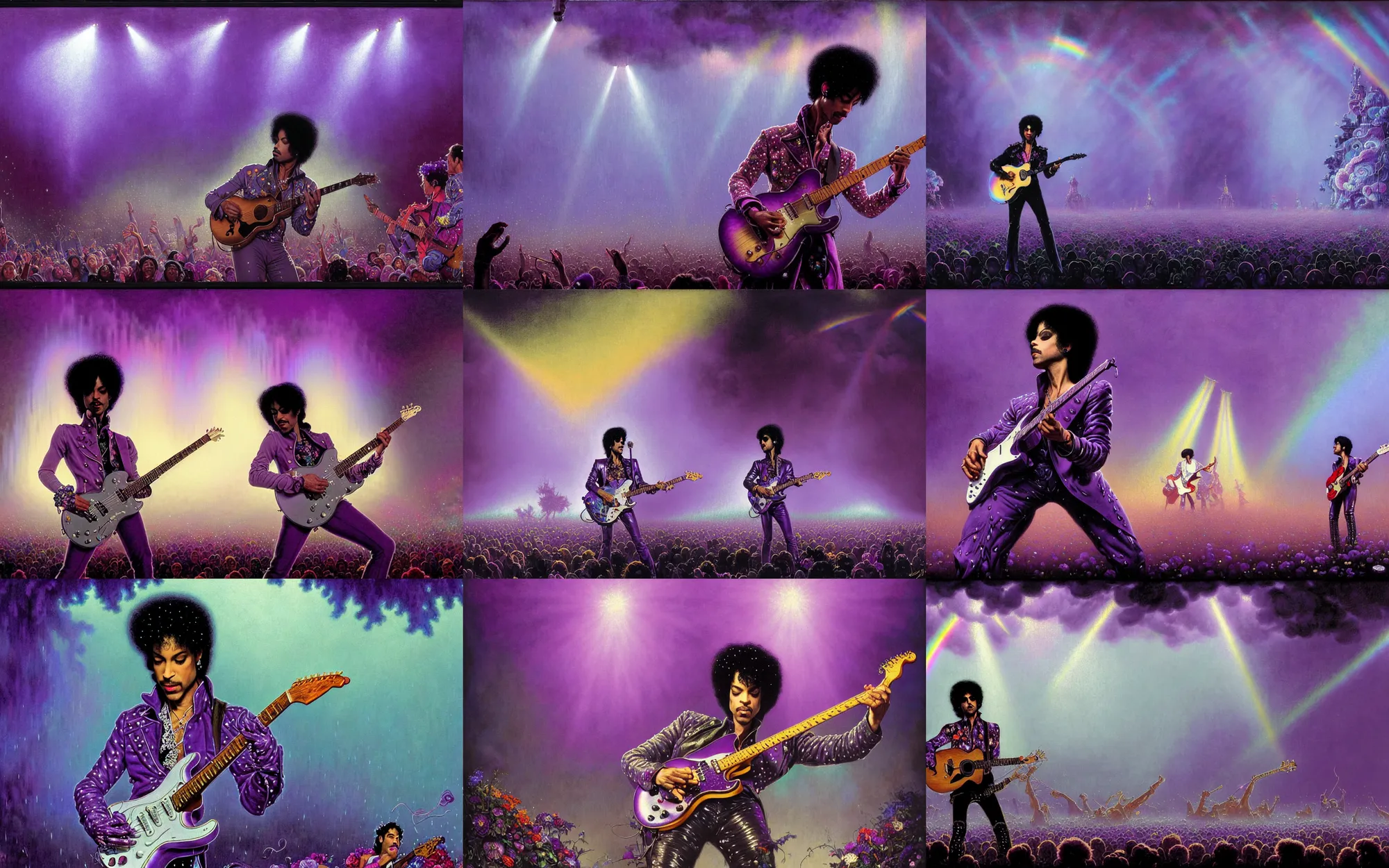 Prompt: close up of prince playing his guitar in the purple rain to a very large audience with floral decoration on stage and a misty light rainbow in the background and the crowd going wild, fantasy art by james jean and norman rockwell and greg rutkowski and ferdinand knab, volumetric light, large crowd and lightshow in the background, very detailed, dreamy, surreal, atmospheric, weird