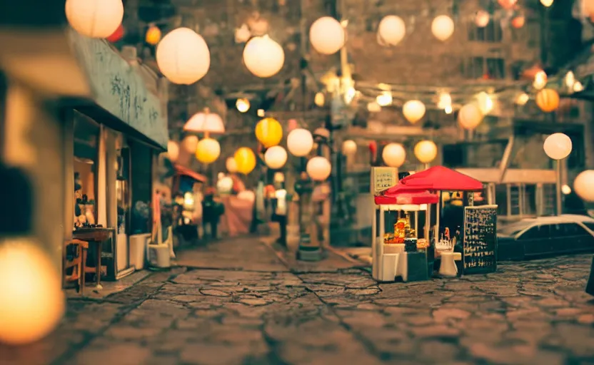 Prompt: miniature cafe diorama macro photography, cafe for mice, alleyway, ambient, atmospheric, british, bokeh, romantic, colorful paper lanterns