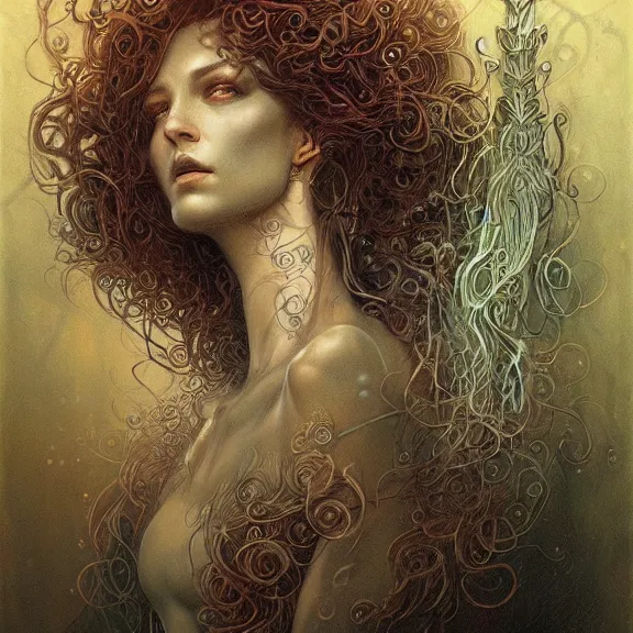 Image similar to a highly detailed beautiful portrait in the style of jean delville and in the style of peter mohrbacher. glowing runes of magical power.