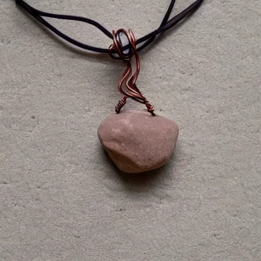 Prompt: beautiful but simple amulet made from equal parts bright sandstone and dark sandstone, bound together by copper wire and representing powerful love