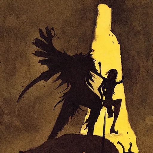 Image similar to warrior standing over dead dragon by jeffrey catherine jones