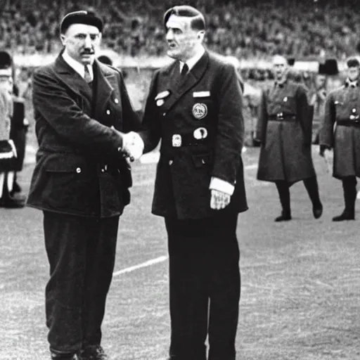 Image similar to modern press photograph of robert lewandowski shaking hands with adolf hitler during a football match