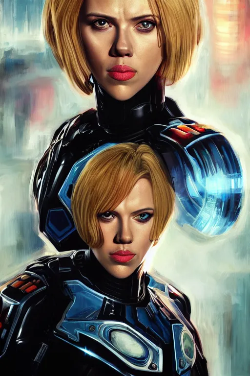 Image similar to a striking painting of Scarlett Johansson as 2000AD Judge Anderson, strong lighting, ultra realism, highly detailed, trending on artstation, 4K, HD, oil on canvas