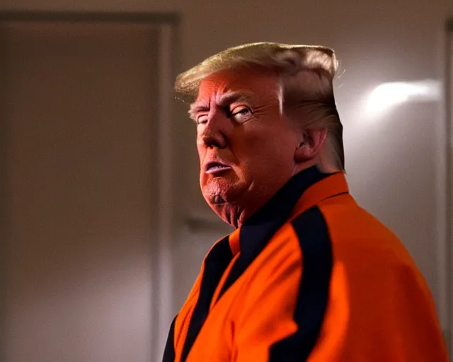 Image similar to donald trump wearing orange prison clothes locked up in an asylum, cinematic masterpiece, octane, dramatic lighting, very detailed