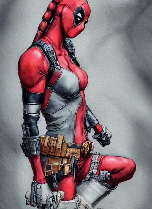 Image similar to portrait, Attractive Female Deadpool, watercolor, dramatic lighting, cinematic, establishing shot, extremly high detail, foto realistic, cinematic lighting, pen and ink, intricate line drawings, by Yoshitaka Amano, Ruan Jia, Kentaro Miura, Artgerm, post processed, concept art, artstation, matte painting, style by eddie mendoza, raphael lacoste, alex ross