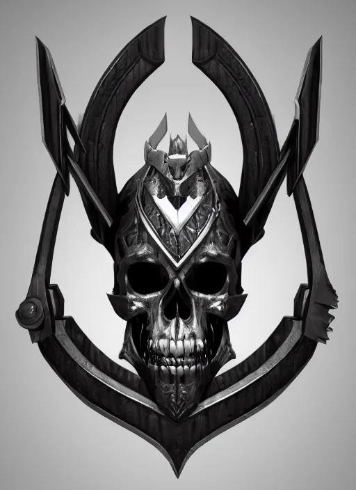 Image similar to a black and silver sword skull crest, orthographic, ornament, weapon, a 2 d render by dom qwek, front side, concept art, trending on polycount, artstation, hard surface modeling, rendered in maya, zbrush, hd, vray, blizzard, symmetry