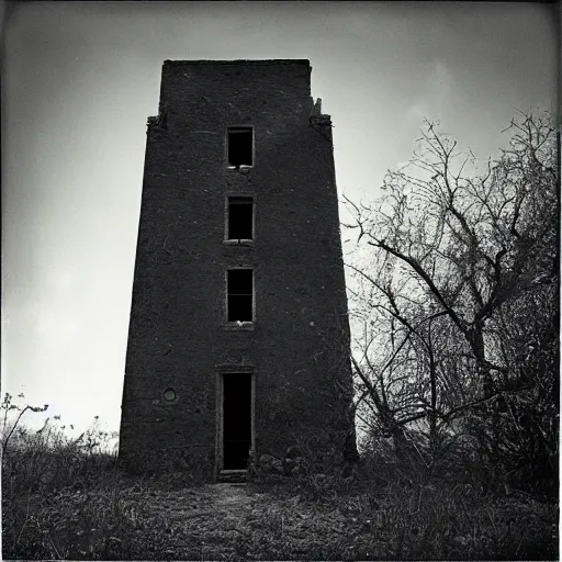 Prompt: Photograph of the abandoned wizard\'s tower in the overgrown garden. Paul Caponigro.