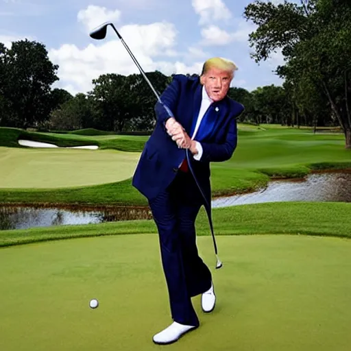 Prompt: trump playing golf swinging a golf club that looks like trump