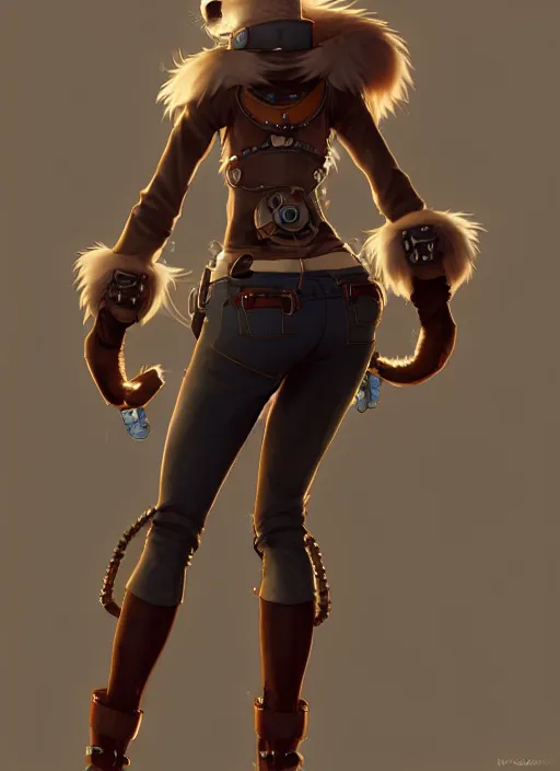 Prompt: wide angle beautiful full body portrait of a strong female anthropomorphic anthro lynx fursona from behind wearing a steampunk leather pants. paw pads instead of feet, character design by disney, anime, manga, charlie bowater, ross tran, artgerm, and makoto shinkai, detailed, soft lighting, rendered in octane