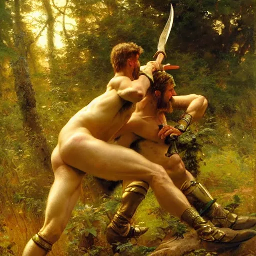 Image similar to 2 attractive male vikings frolicking in the forest. highly detailed painting by gaston bussiere, craig mullins, j. c. leyendecker, 8 k