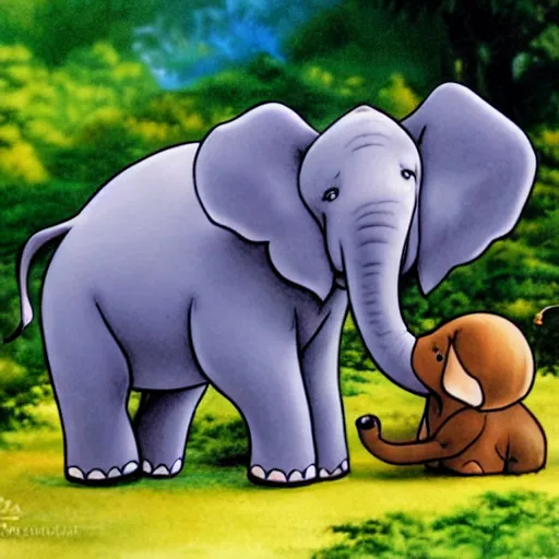 Image similar to cute cartoon mama elephant hugging baby elephant in the Indian jungle, Ghibli