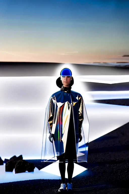 Image similar to an ultra high definition professional high fashion portrait studio full length photograph of a model wearing a transparent pearlescent raincoat and neon visor in an icelandic black rock environment at dawn. no artefacts. extremely detailed. stark. refraction. shallow depth of field. volumetric light and shadow. ray tracing. light rays.