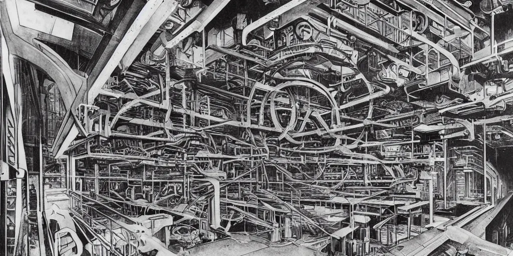 Prompt: inside of a complex space ship machinery room, by Escher