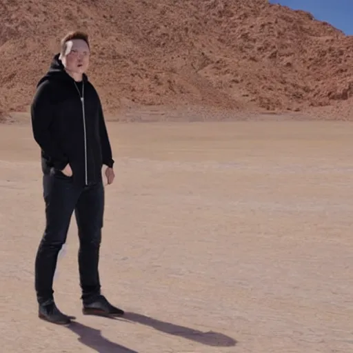 Image similar to elon musk as a hooded traveler in the desert