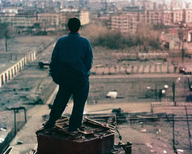 Image similar to lomo photo of man standing on the roof of soviet hrushevka, small town, cinestill, bokeh, out of focus