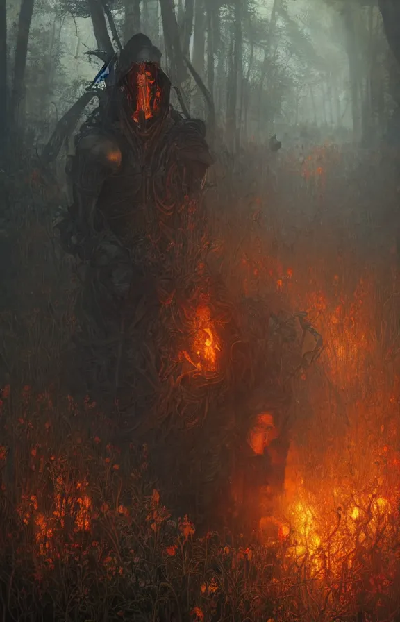 Image similar to portrait of a knight among flowers in dark forest surrounded by fire and smoke, moody, rim light, dynamic lighting, cinematic shot, gritty, ultra - detail, renderman, physically based render, jean delville, gustave dore and marco mazzoni