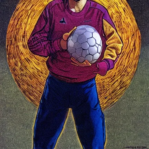 Image similar to a blonde man studying a soccer ball. happy, colorful Epic portrait by james gurney and mœbius.