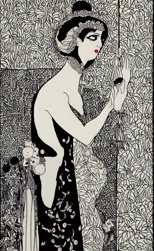 Image similar to salome, beautiful background and border, by aubrey beardsley, highly detailded