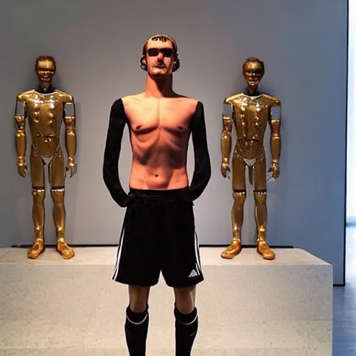 Image similar to “ a realistic detailed photo of a guy who is an attractive humanoid who is half robot and half humanoid, who is a male android, soccer player antoine griezmann, shiny skin, posing like a statue, blank stare, at the museum, on display ”