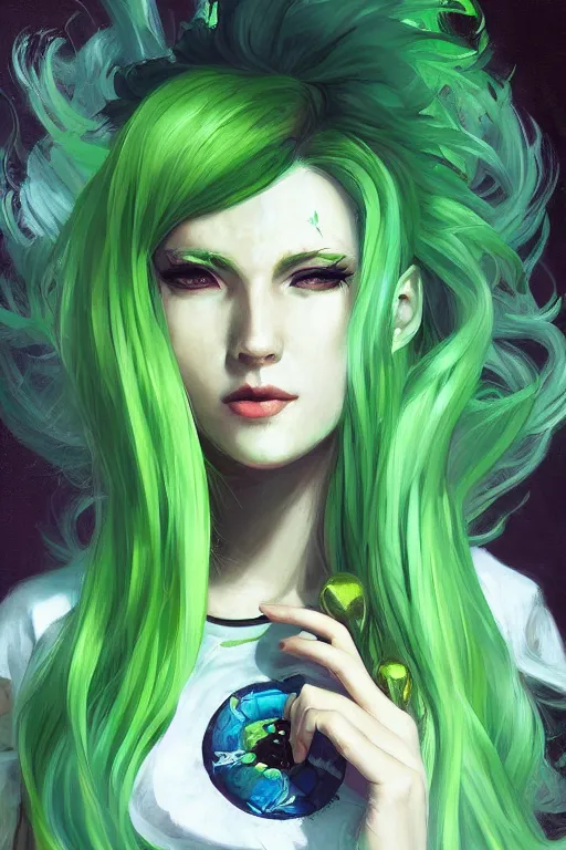 Prompt: a schizophrenic woman with green hair wearing a cool shirt, by ross tran, oil on canvas