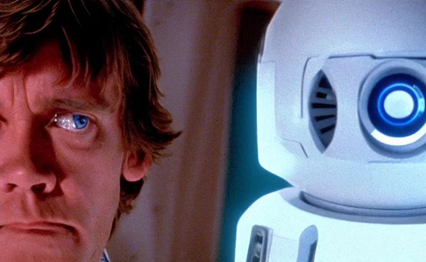 Prompt: cinematic still image screenshot portrait luke skywalker looking looking at his cybernetic hand talking to a lonely medical droid, from the tv show on disney + anamorphic lens, photo 3 5 mm film kodak from empire strikes back crisp 4 k imax, beautiful image, window into space behind them