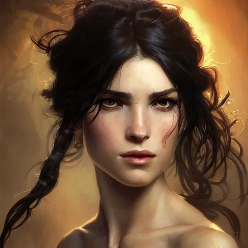 Image similar to portrait of a young ruggedly handsome but joyful pirate, female, feminine, upper body, black hair, long hair, d & d, fantasy, seductive smirk, intricate, elegant, highly detailed, digital painting, artstation, concept art, matte, sharp focus, illustration, art by artgerm and greg rutkowski and alphonse mucha
