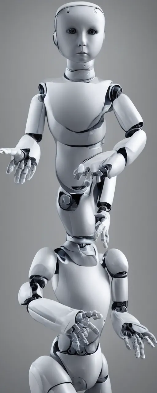 Prompt: a very realistic and high detailed portrait of a humanoid robot in human body form standing in front white background