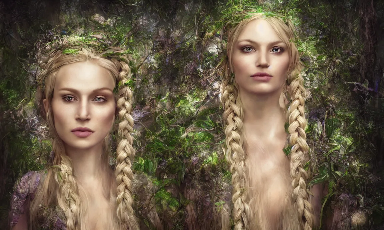 Prompt: beautiful blonde woman with plaits, forest fae, psychedelic mushrooms, magic, mystical, white witch, photorealistic, portrait, sacred geometry