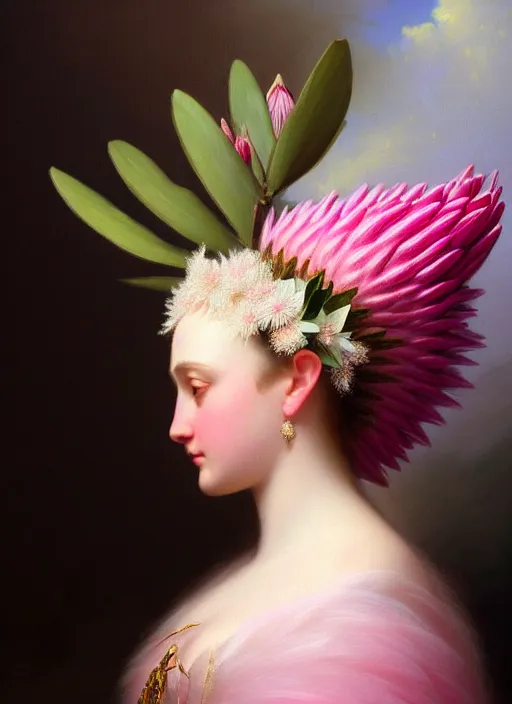 Prompt: stunning canadian godess princess, detailed pink and white protea head peace against a black backdrop by ivan aivazovsky, wlop, super sharp details, photorealism, 5 0 mm lens, oil painting, beautiful soft lighting, muted colours, artstation