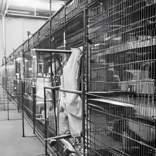 Prompt: creature locked in a cage being studied by scientists in a warehouse, 1 9 2 0's sci - fi, black and white, 8 k, highly ornate intricate details, extreme detail,