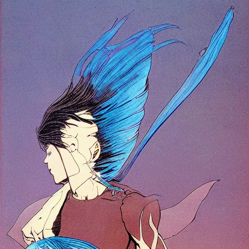 Image similar to long dark hair man with light blue eyes and scars, flying with his blue spren fairy called syl by Moebius,