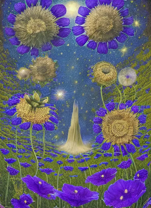 Image similar to detailed, intricate blue black and purple papaverum flower on the field, nebula, galaxy in the sky, winning award masterpiece, fantastically beautiful, illustration, aestheticly inspired, jacek yerka, upscale with anguissola sofonisba work, artstation, 8 k