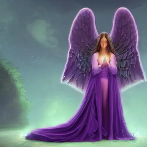 Image similar to a gorgeous woman with an extravagant purple dress kneels before an altar, praying with her head bowed down, illuminated by candlelight, angel wings, high fantasy art, illustrative, digital art, 3 d modeling, light painting, night scene, realistic art, illustration, painted